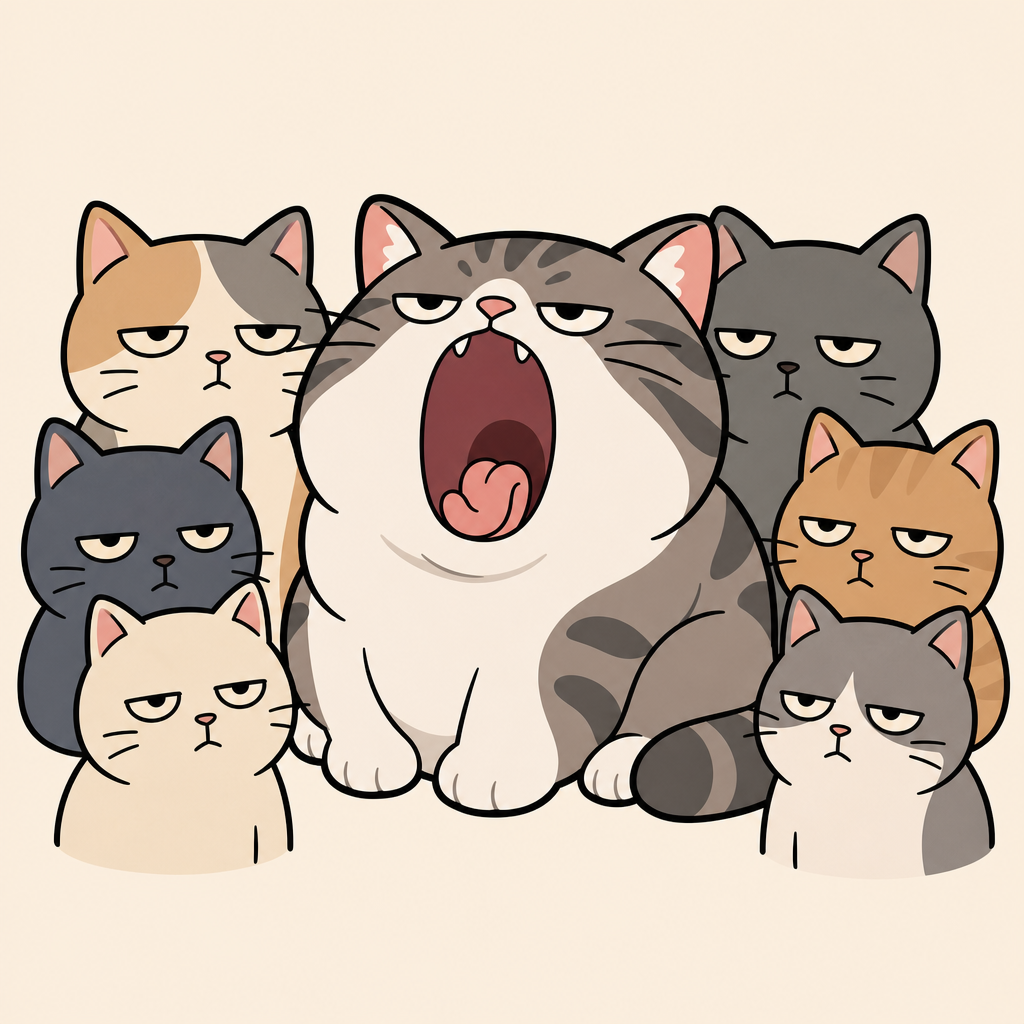 Six cats gathered closely around the yawning cat, all watching