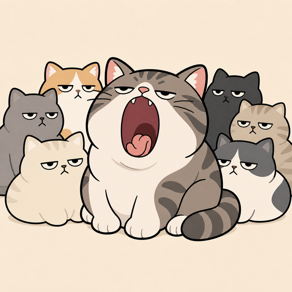 Another cluster of half-asleep cats sitting near the yawning cat