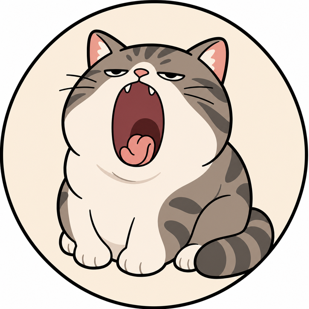 The Eternal Yawn mascot, a drowsy tabby cat mid-yawn