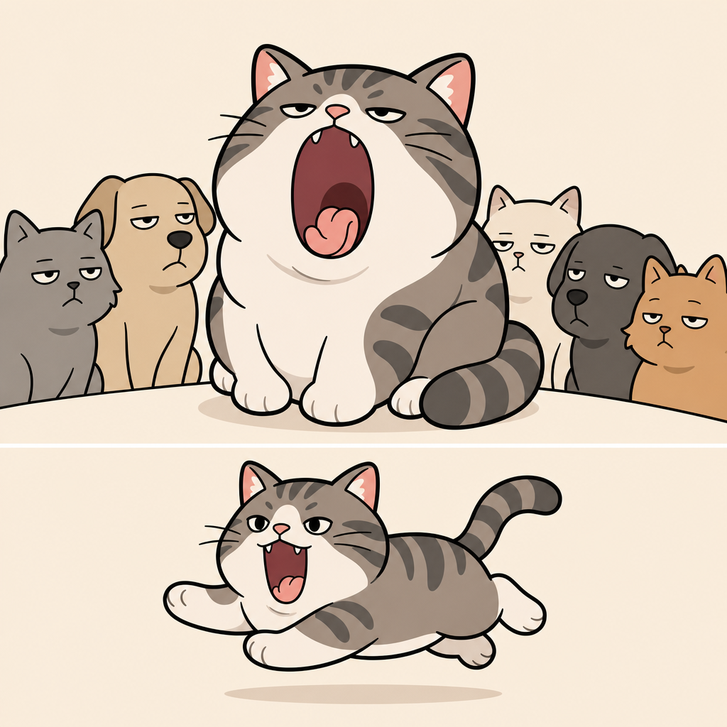 A crowd of dogs and cats watching the yawning cat, followed by the cat mid-leap