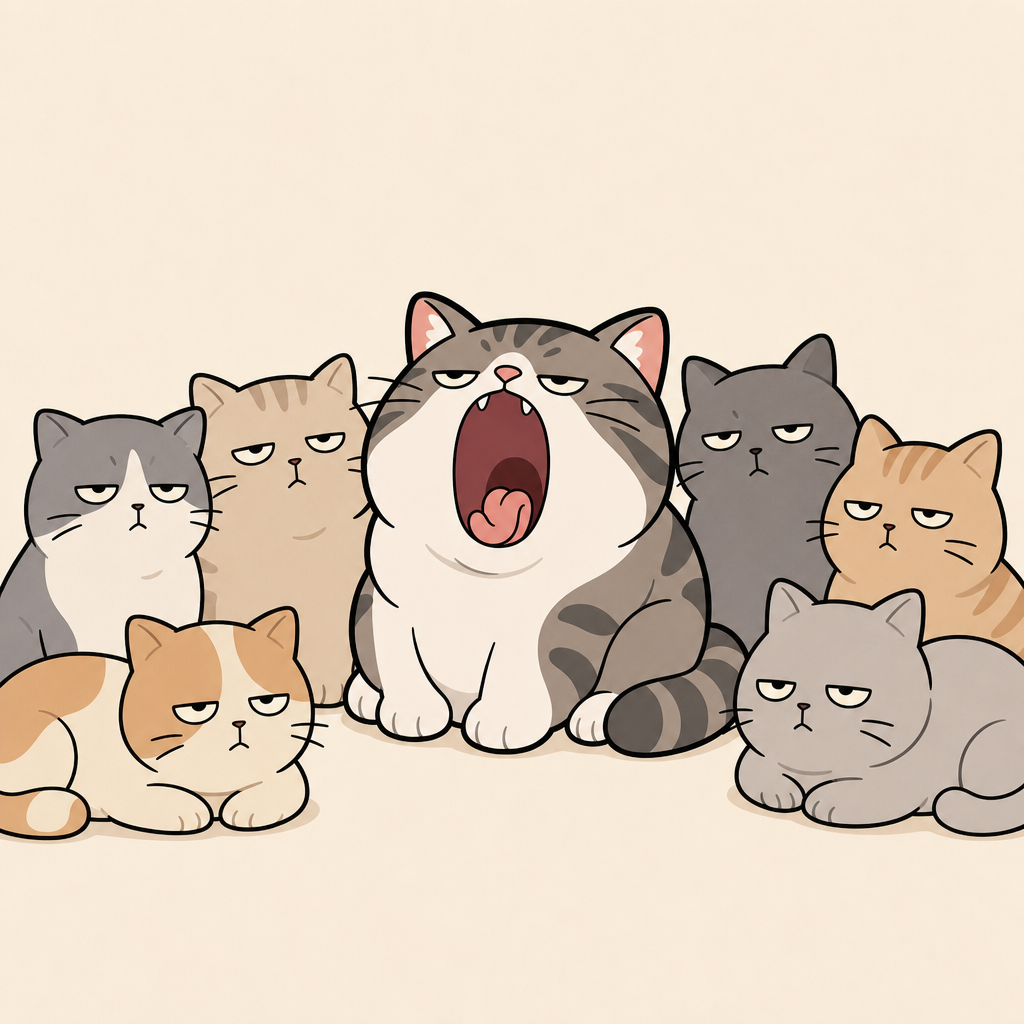 A loose circle of droopy-eyed cats surrounding the yawning cat at rest