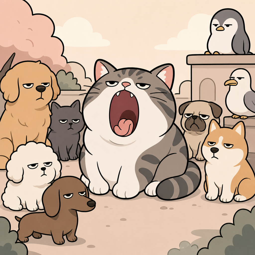 A wide gathering of dogs, cats, a penguin and a seagull, all watching the yawning cat